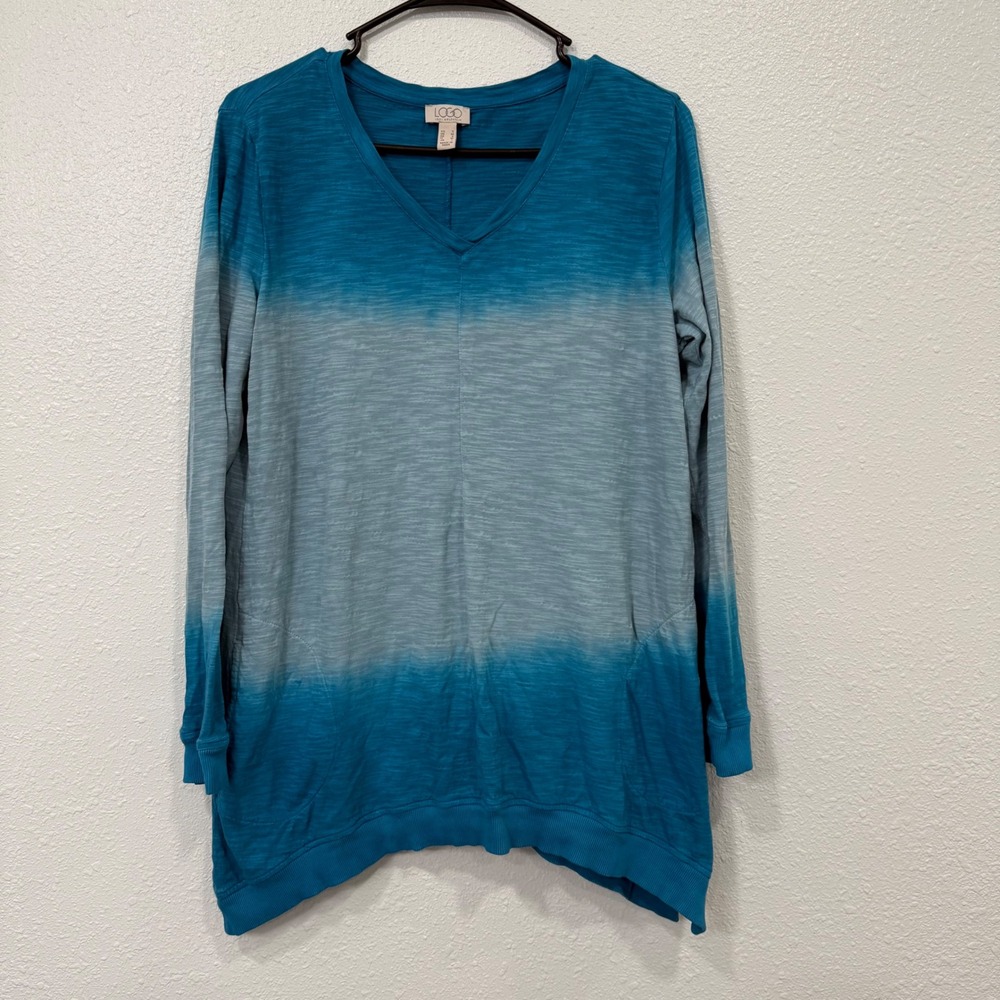 LOGO Lori Goldstein Ombre‎ V-Neck Long Sleeve Tunic Top Teal Blue Size Small